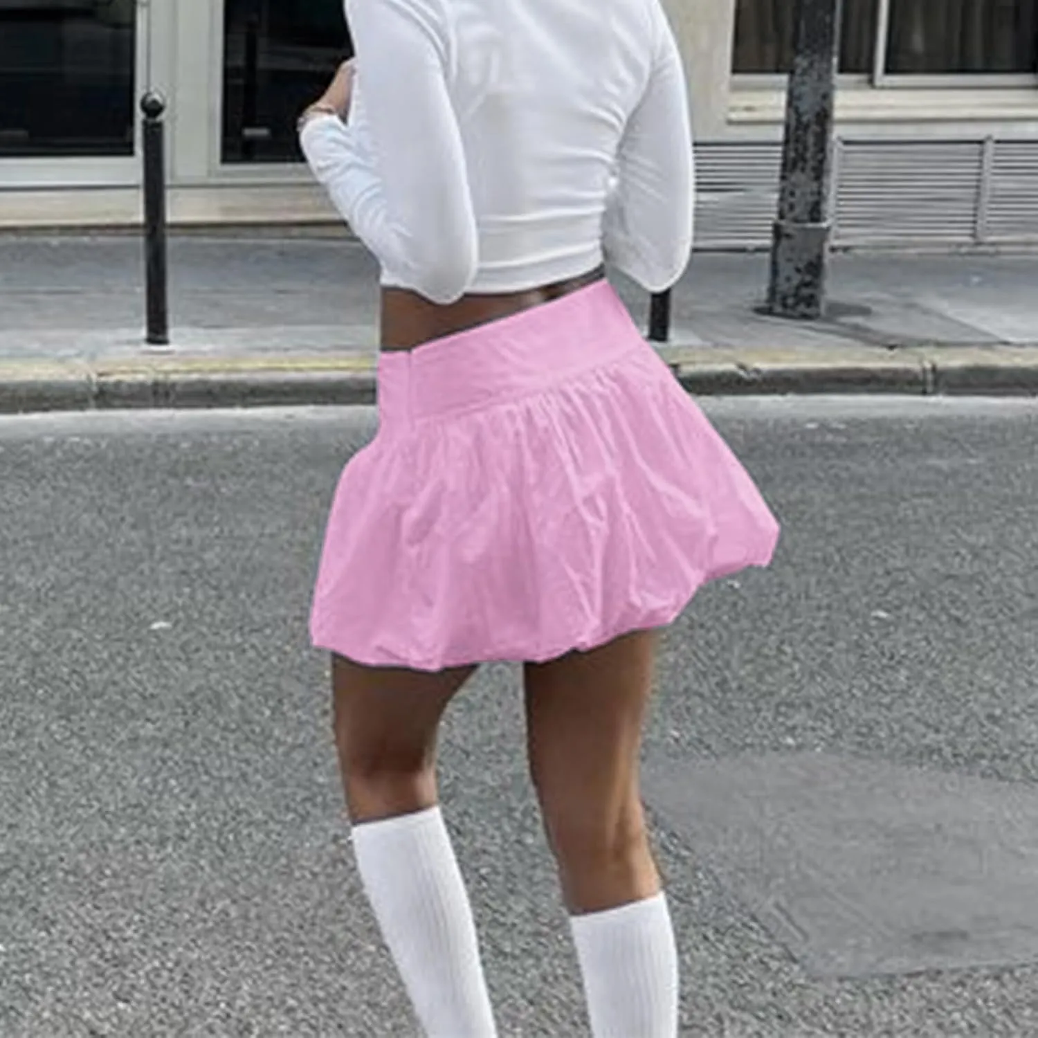 KMBANGI Y2k Women Bubble Mini Skirt Elastic Waist Ruffle Flare Puffy Skirt High Rise Cute Pleated Balloon Short Skirts