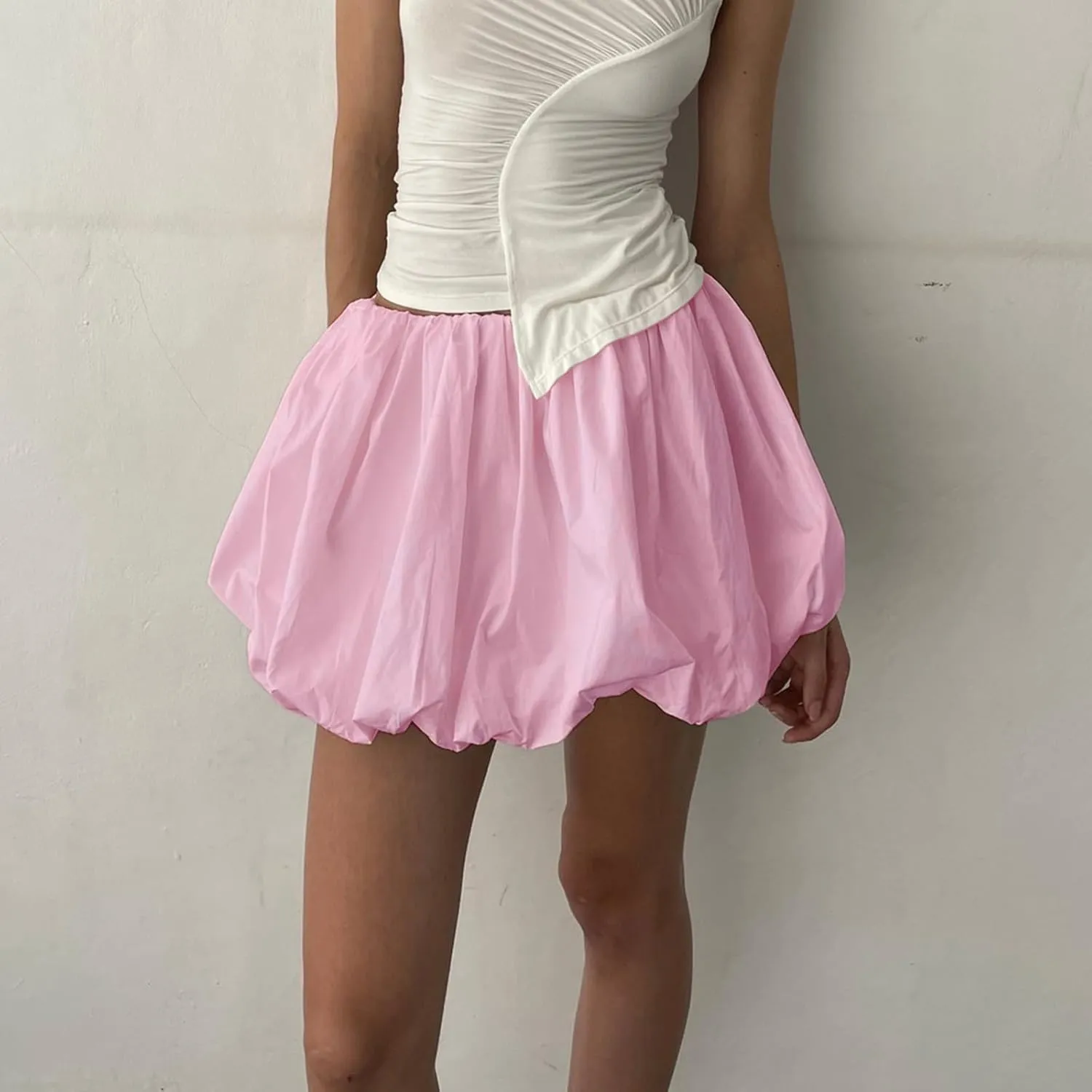 KMBANGI Y2k Women Bubble Mini Skirt Elastic Waist Ruffle Flare Puffy Skirt High Rise Cute Pleated Balloon Short Skirts