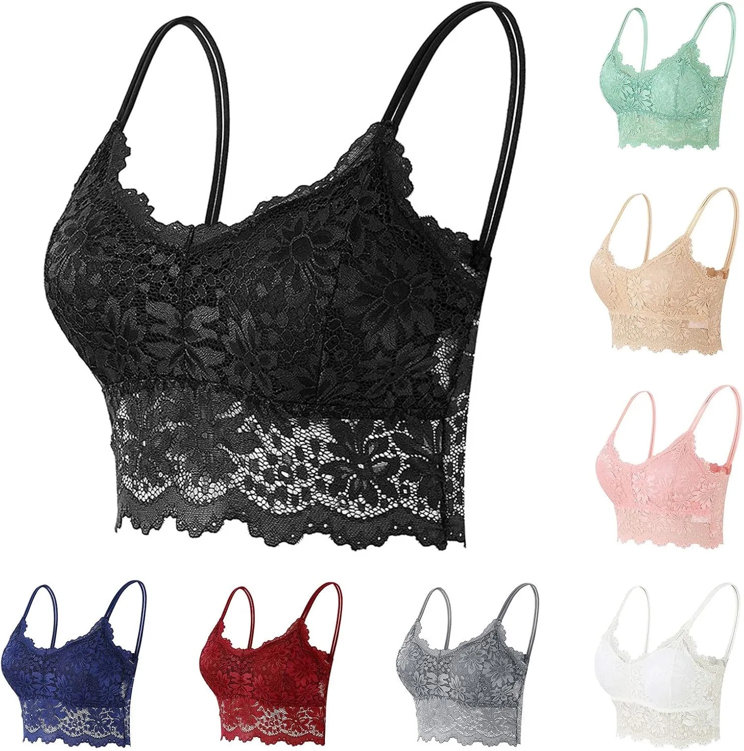 Lace Bralettes for Women,Comfort Wireless Spaghetti Strap Bralettes Padded Lace Bandeau Plus Size Outerwear Crop Top
