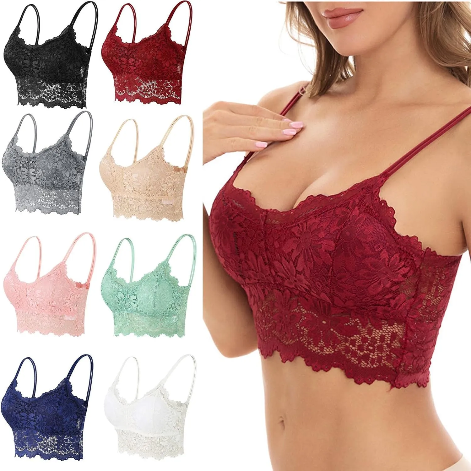 Lace Bralettes for Women,Comfort Wireless Spaghetti Strap Bralettes Padded Lace Bandeau Plus Size Outerwear Crop Top