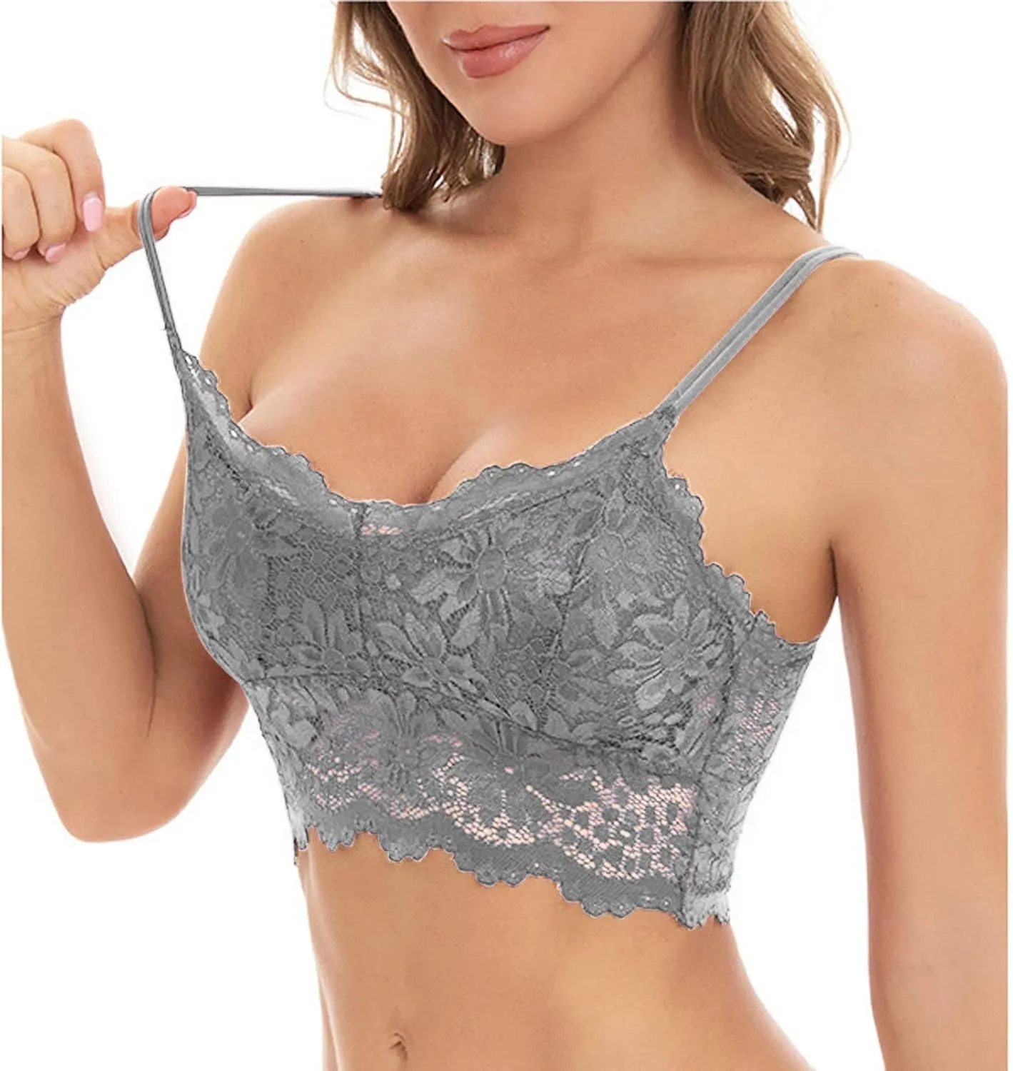 Lace Bralettes for Women,Comfort Wireless Spaghetti Strap Bralettes Padded Lace Bandeau Plus Size Outerwear Crop Top