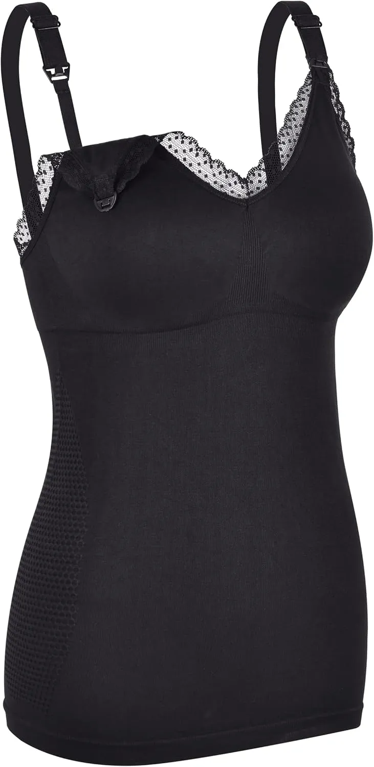 Lace Trim Nursing Cami with Built-in Bra/Quick Clip-Down Access for Pumping and Nursing
