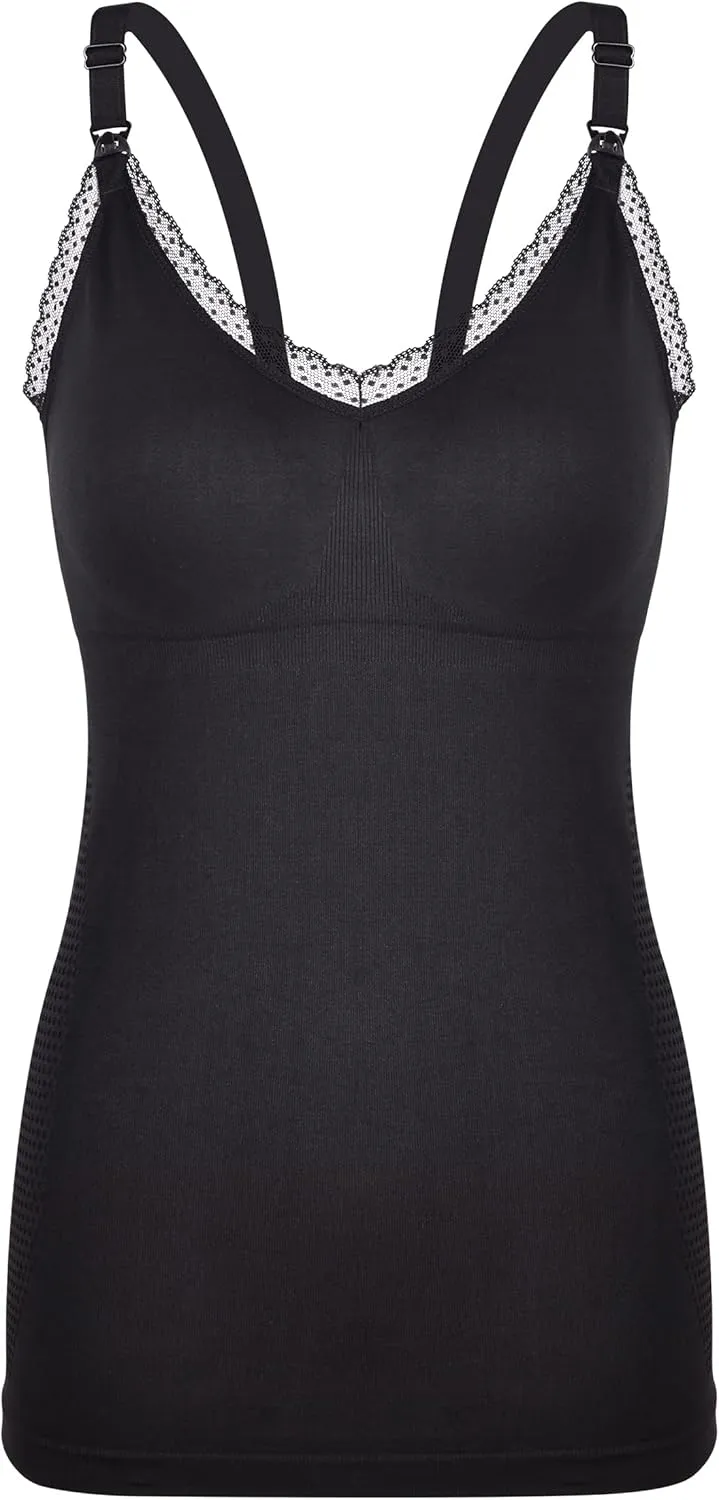 Lace Trim Nursing Cami with Built-in Bra/Quick Clip-Down Access for Pumping and Nursing