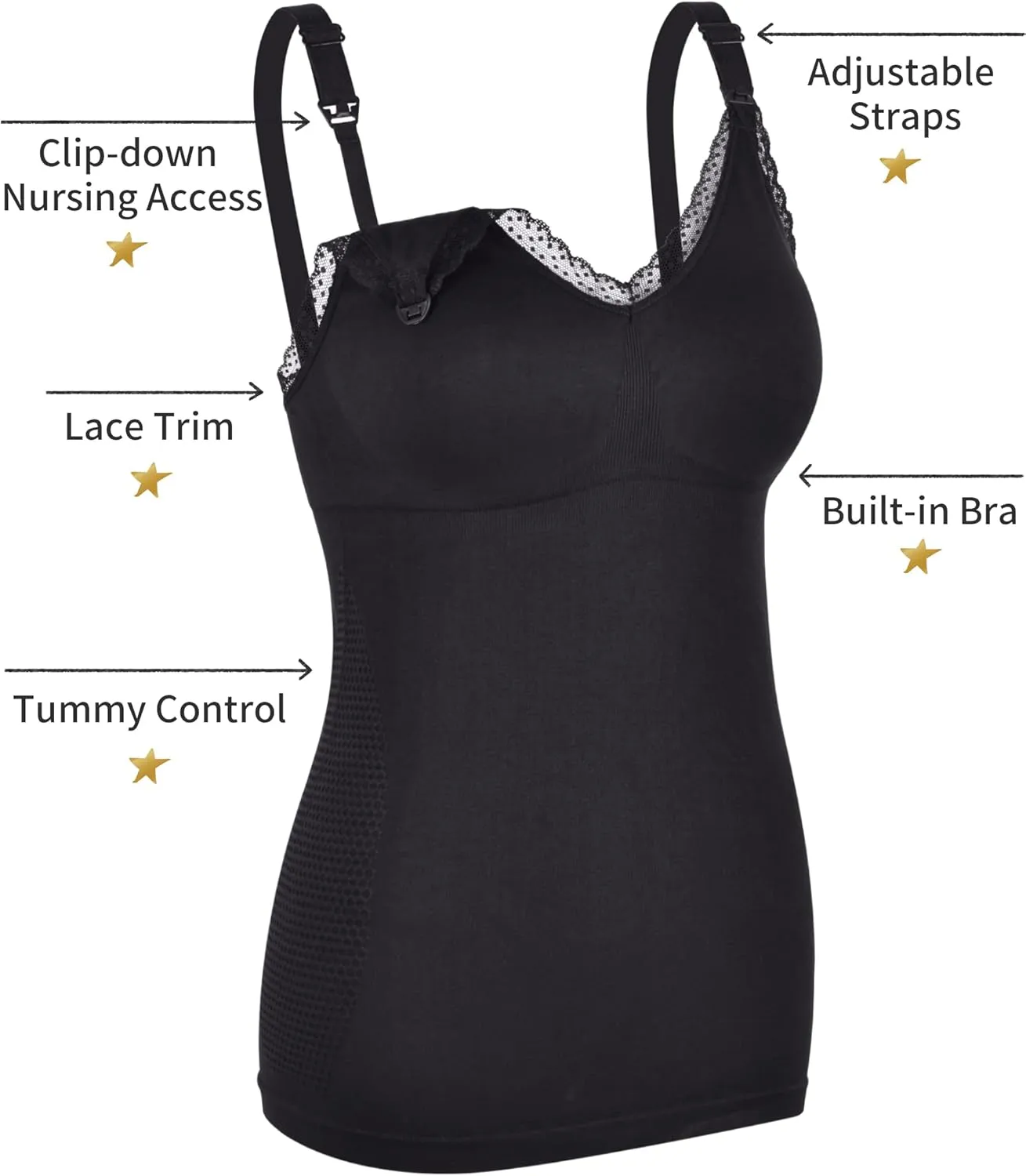 Lace Trim Nursing Cami with Built-in Bra/Quick Clip-Down Access for Pumping and Nursing