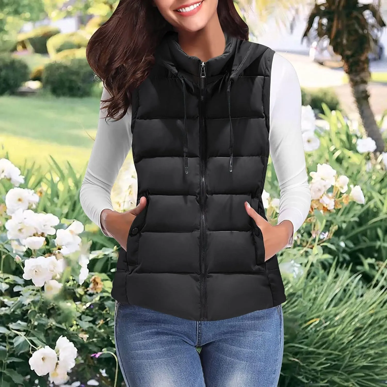 LCMTWX Puffer Jacket Womens European and American Cotton Jackets Color Stand-up Collar Zipper Women's Long Puffer Vest