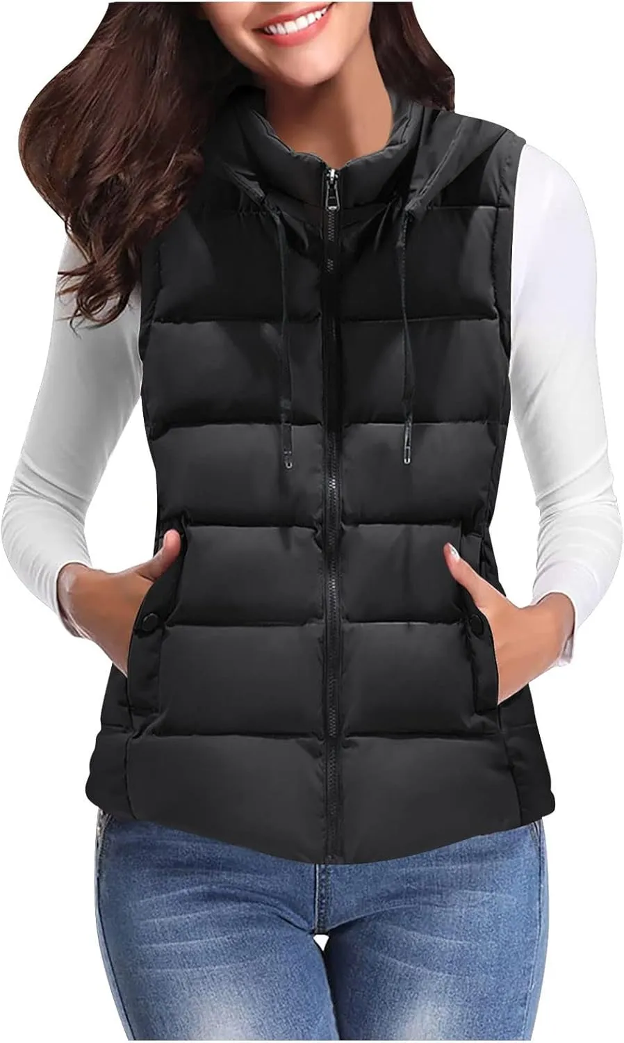 LCMTWX Puffer Jacket Womens European and American Cotton Jackets Color Stand-up Collar Zipper Women's Long Puffer Vest