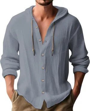 Linen Shirts for Men Lightweight Drawstring Button Shirts Casual Long Sleeve Breathable Summer Beach Tops with Hood