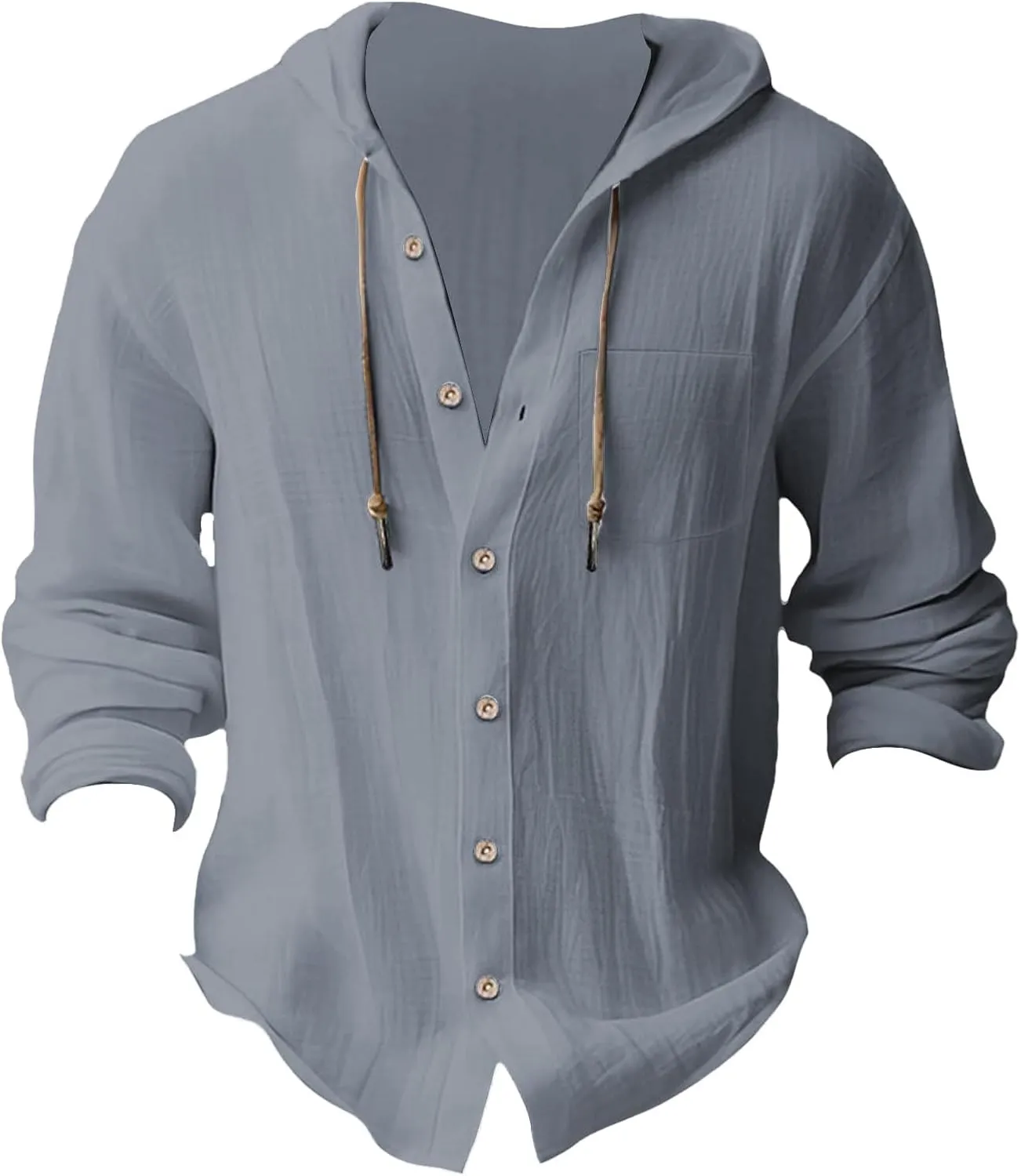 Linen Shirts for Men Lightweight Drawstring Button Shirts Casual Long Sleeve Breathable Summer Beach Tops with Hood