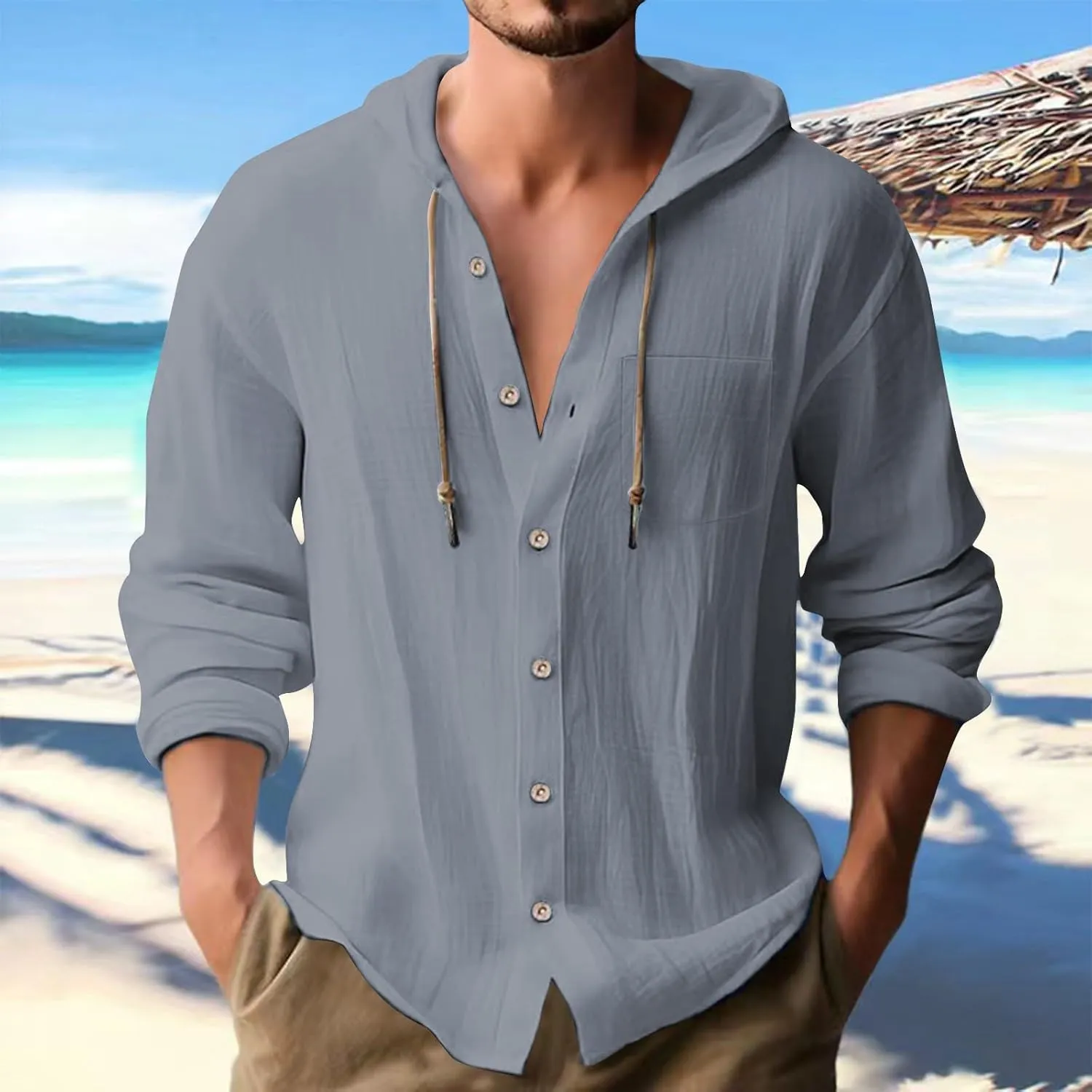 Linen Shirts for Men Lightweight Drawstring Button Shirts Casual Long Sleeve Breathable Summer Beach Tops with Hood