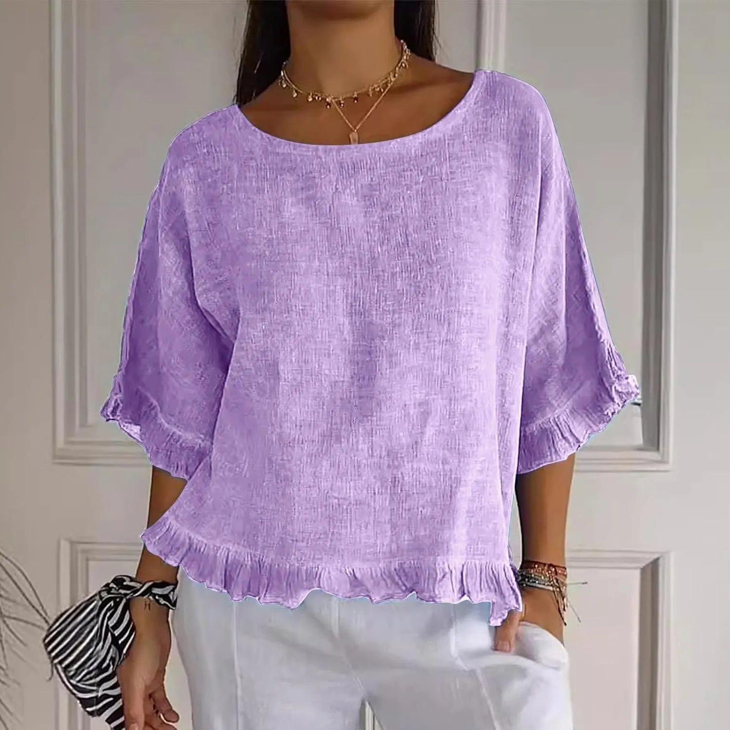 Linen Shirts for Women Solid Color Basic 3/4 Sleeve Tops Summer Casual Round Neck Pullover Blouse Ladies Tunic Tee