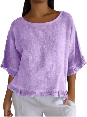 Linen Shirts for Women Solid Color Basic 3/4 Sleeve Tops Summer Casual Round Neck Pullover Blouse Ladies Tunic Tee