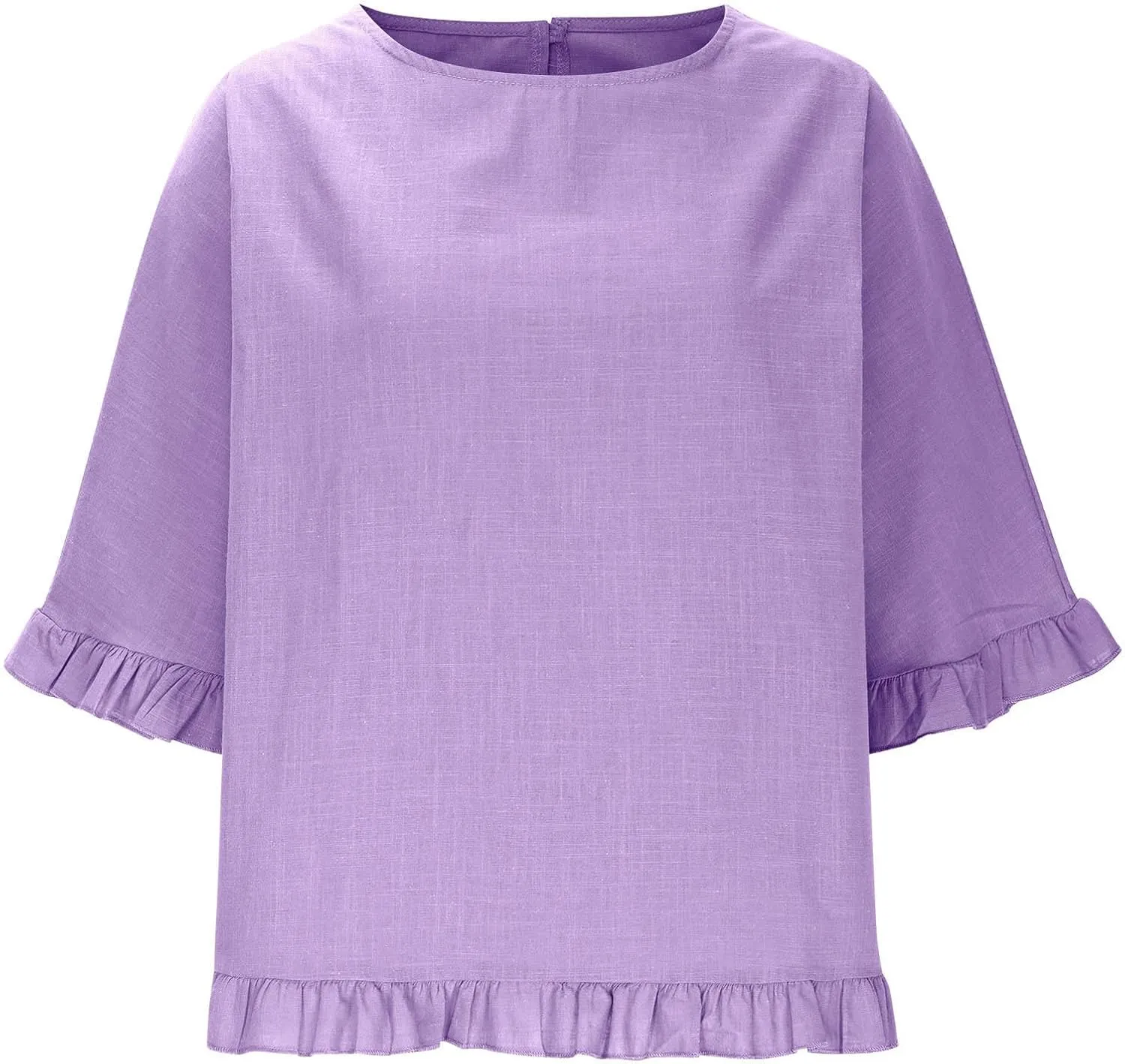 Linen Shirts for Women Solid Color Basic 3/4 Sleeve Tops Summer Casual Round Neck Pullover Blouse Ladies Tunic Tee