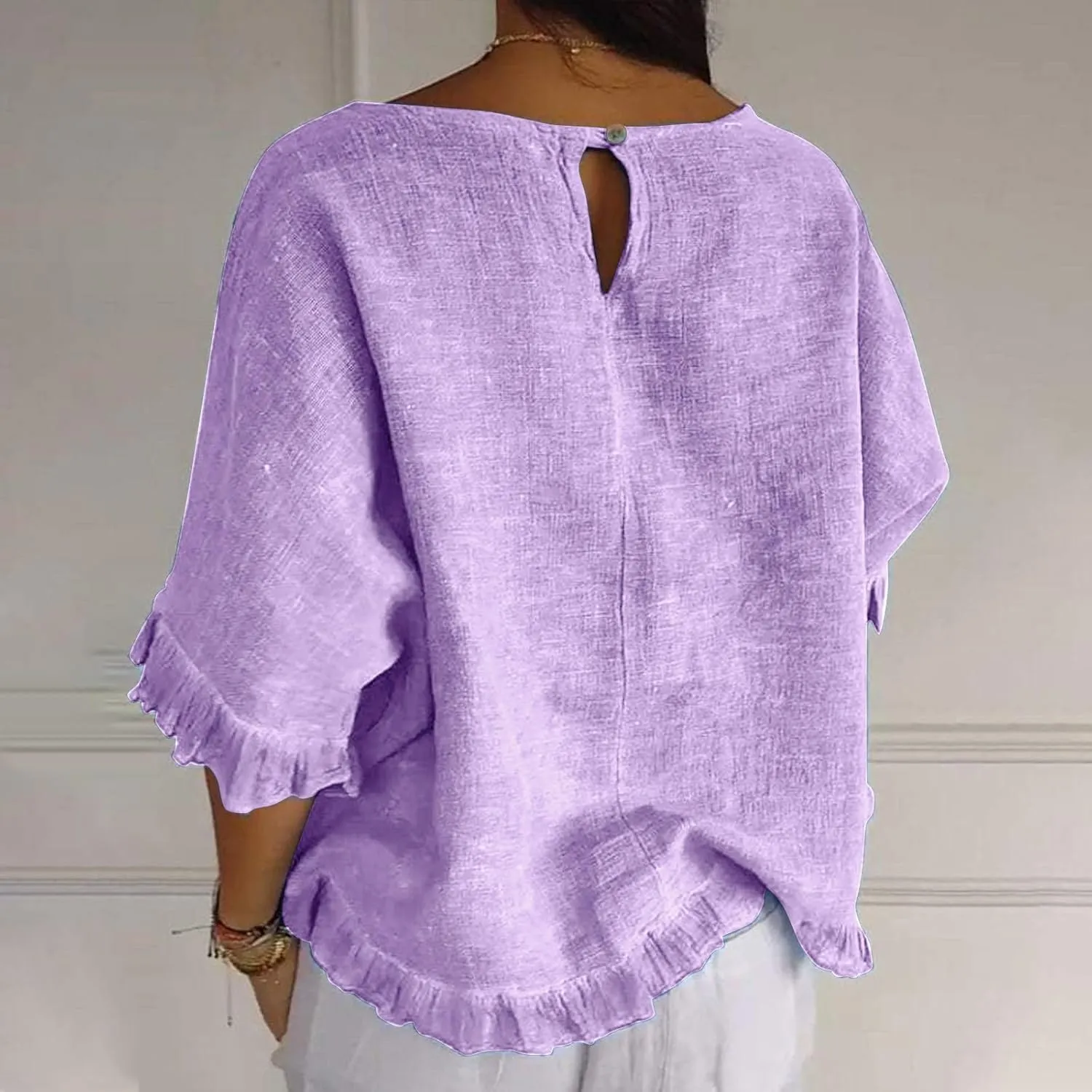 Linen Shirts for Women Solid Color Basic 3/4 Sleeve Tops Summer Casual Round Neck Pullover Blouse Ladies Tunic Tee