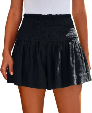 Linen Shorts for Women Smocked Elastic High Waisted Flowy Shorts Beach Casual Ruffle Butterfly Short Linen Pants