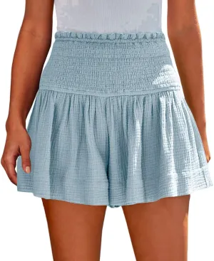 Linen Shorts for Women Smocked Elastic High Waisted Flowy Shorts Beach Casual Ruffle Butterfly Short Linen Pants
