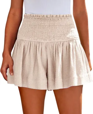 Linen Shorts for Women Smocked Elastic High Waisted Flowy Shorts Beach Casual Ruffle Butterfly Short Linen Pants