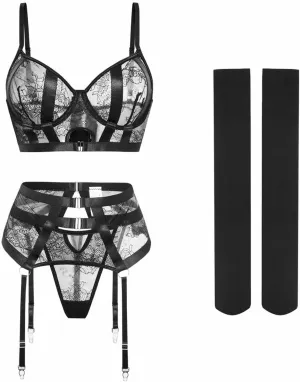 Lingerie for Women Lace Underwear V Neck Bra and Panty Sets Bralette Outfits Lingerie with Stockings Garter Set
