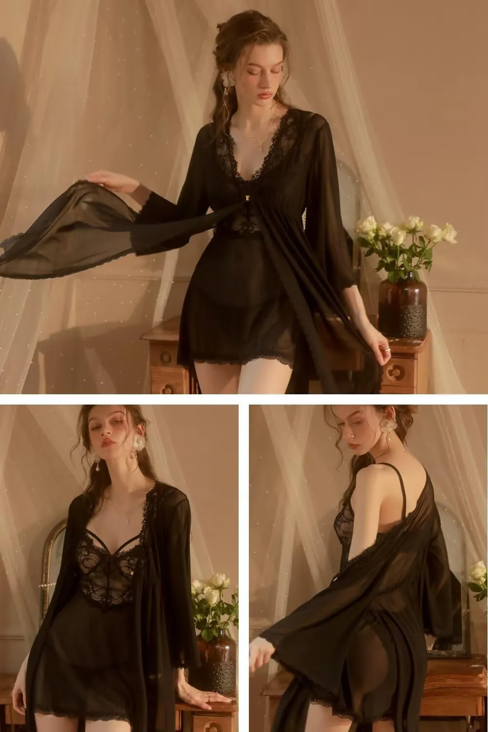 Lingerie for Women Sexy Long Lace Kimono Robe Mesh Chemise Lace Gown Swimsuit Cover Up