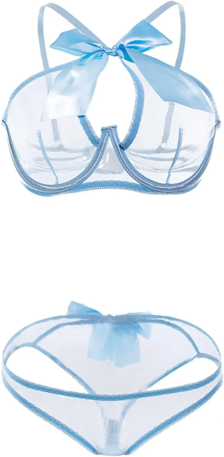 Lingerie Set for Women Sexy Lace Bra and Panty Sets 2 Piece Push Up Bralette Sheer See Through Bow Lingerie
