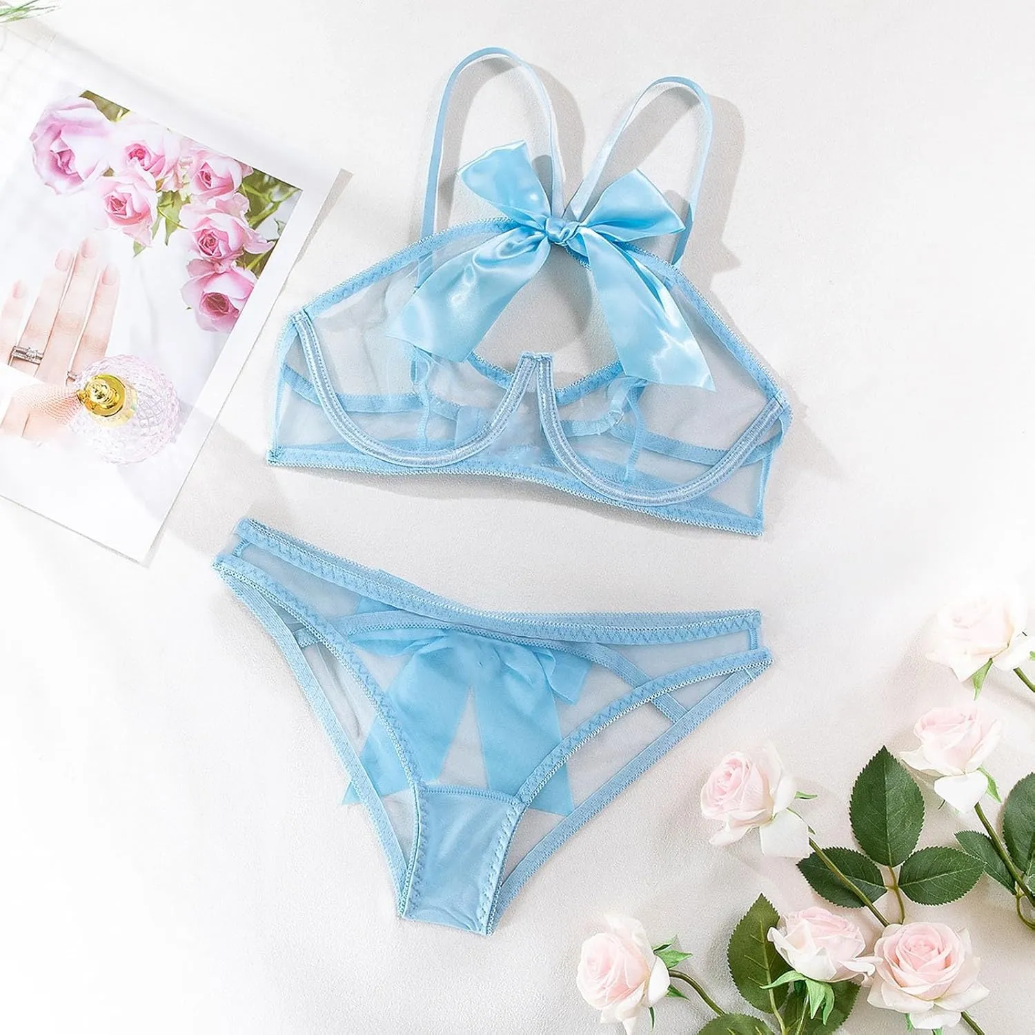 Lingerie Set for Women Sexy Lace Bra and Panty Sets 2 Piece Push Up Bralette Sheer See Through Bow Lingerie