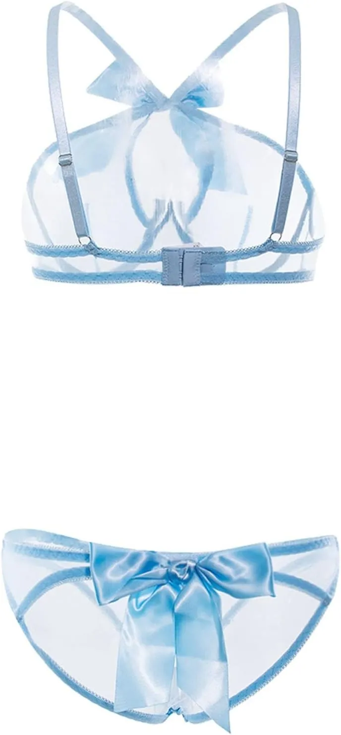 Lingerie Set for Women Sexy Lace Bra and Panty Sets 2 Piece Push Up Bralette Sheer See Through Bow Lingerie