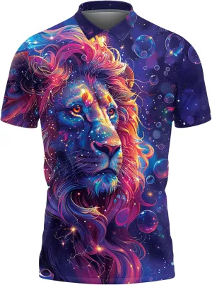 Lion Golf Shirt Men Funny Golf Polos for Men Dry Fit- Power Animal Golf Polo Shirts Hawaiian Polo Golf Outfits (MP_PL_40)