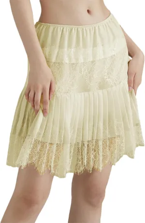lisenraIn Women Mini Slip Skirt Lace Trim Pleated Lace Underskirt Y2K Summer Cute Tiered Flowy Ruffle Short Skirt