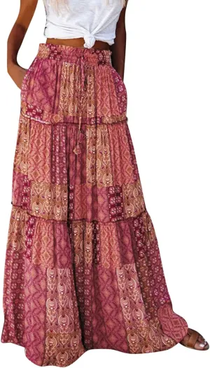 Long Skirts for Women Floral Print Boho Maxi Skirt Elastic High Waist Pleated Ruffle Flowy Swing Maxi Skirt with Pockets