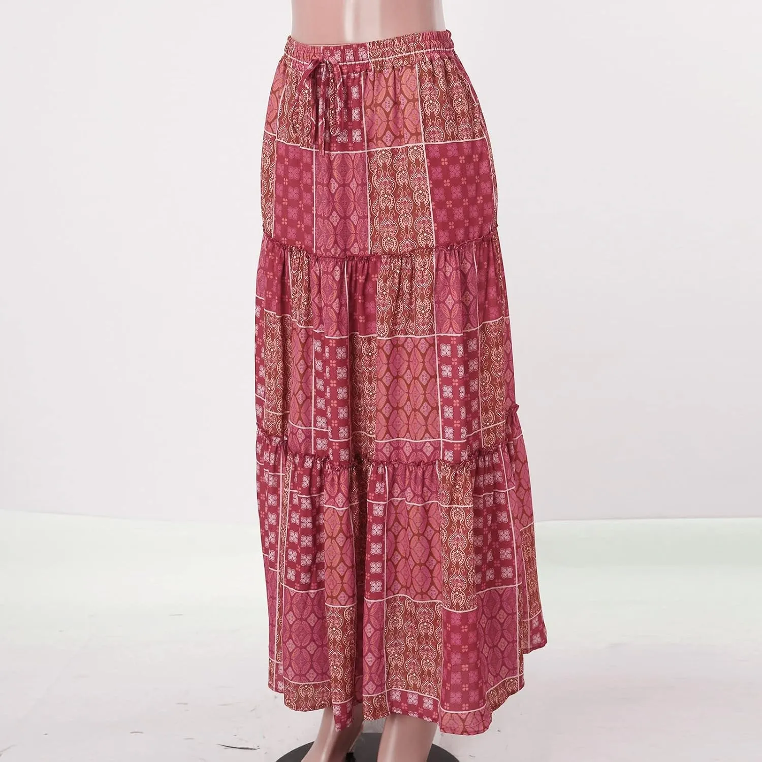 Long Skirts for Women Floral Print Boho Maxi Skirt Elastic High Waist Pleated Ruffle Flowy Swing Maxi Skirt with Pockets