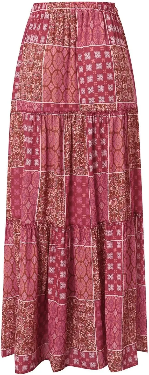 Long Skirts for Women Floral Print Boho Maxi Skirt Elastic High Waist Pleated Ruffle Flowy Swing Maxi Skirt with Pockets