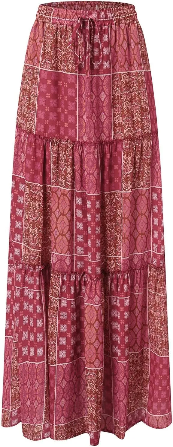Long Skirts for Women Floral Print Boho Maxi Skirt Elastic High Waist Pleated Ruffle Flowy Swing Maxi Skirt with Pockets