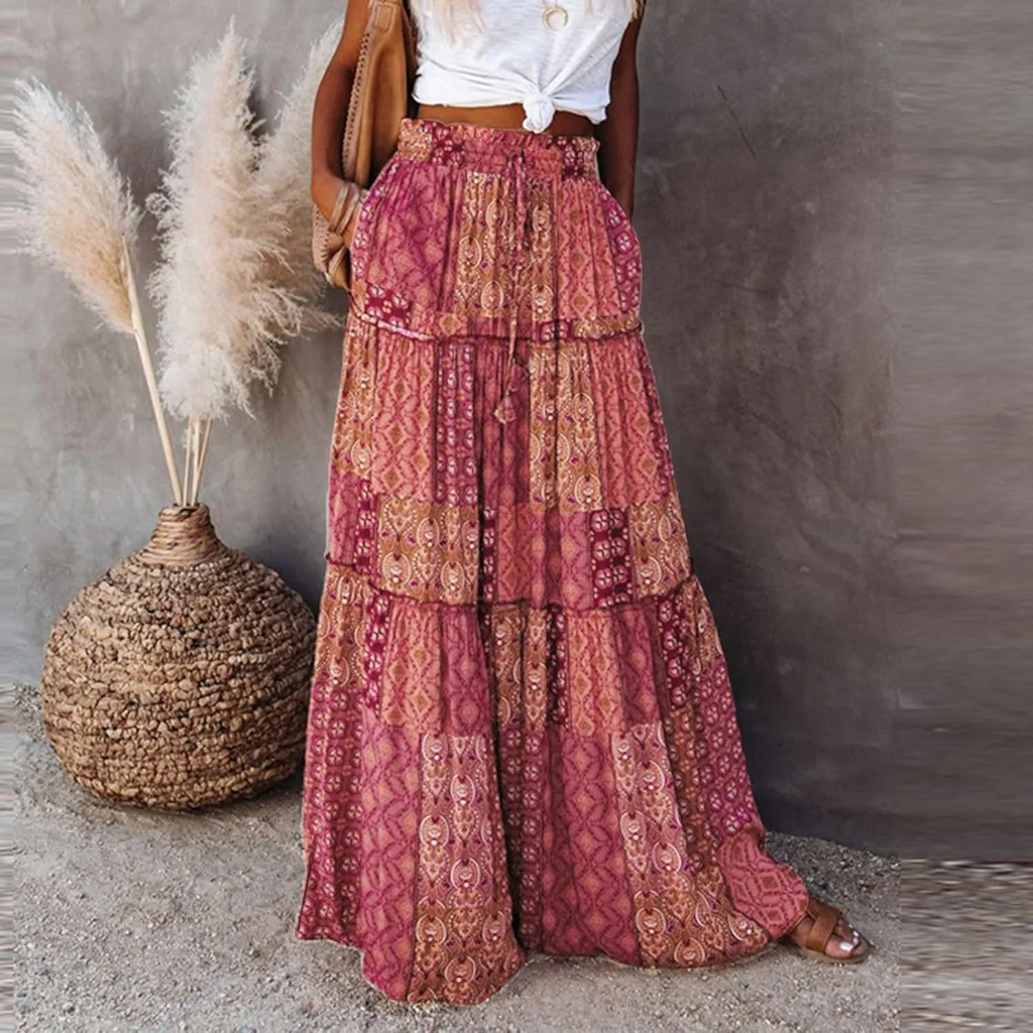 Long Skirts for Women Floral Print Boho Maxi Skirt Elastic High Waist Pleated Ruffle Flowy Swing Maxi Skirt with Pockets