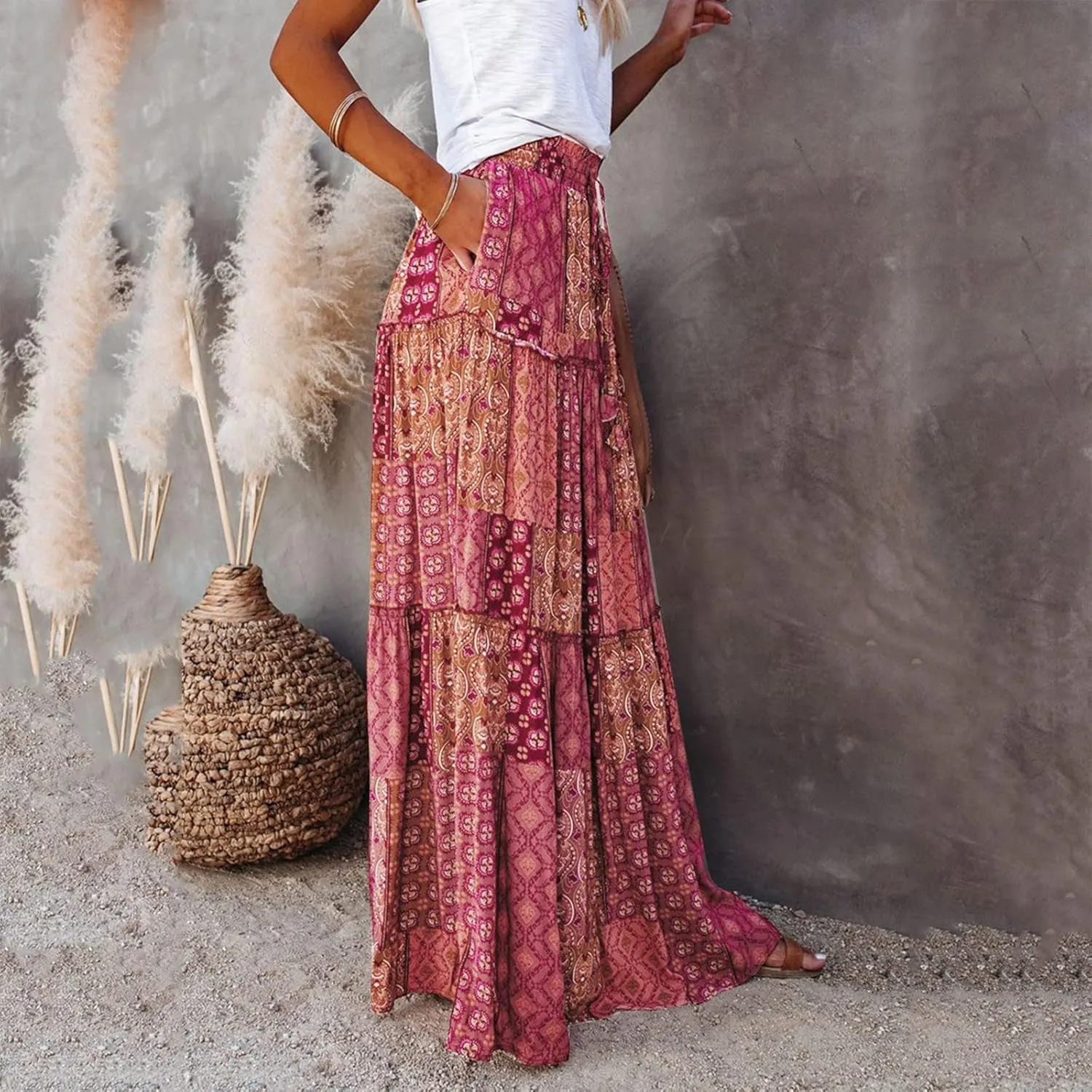 Long Skirts for Women Floral Print Boho Maxi Skirt Elastic High Waist Pleated Ruffle Flowy Swing Maxi Skirt with Pockets