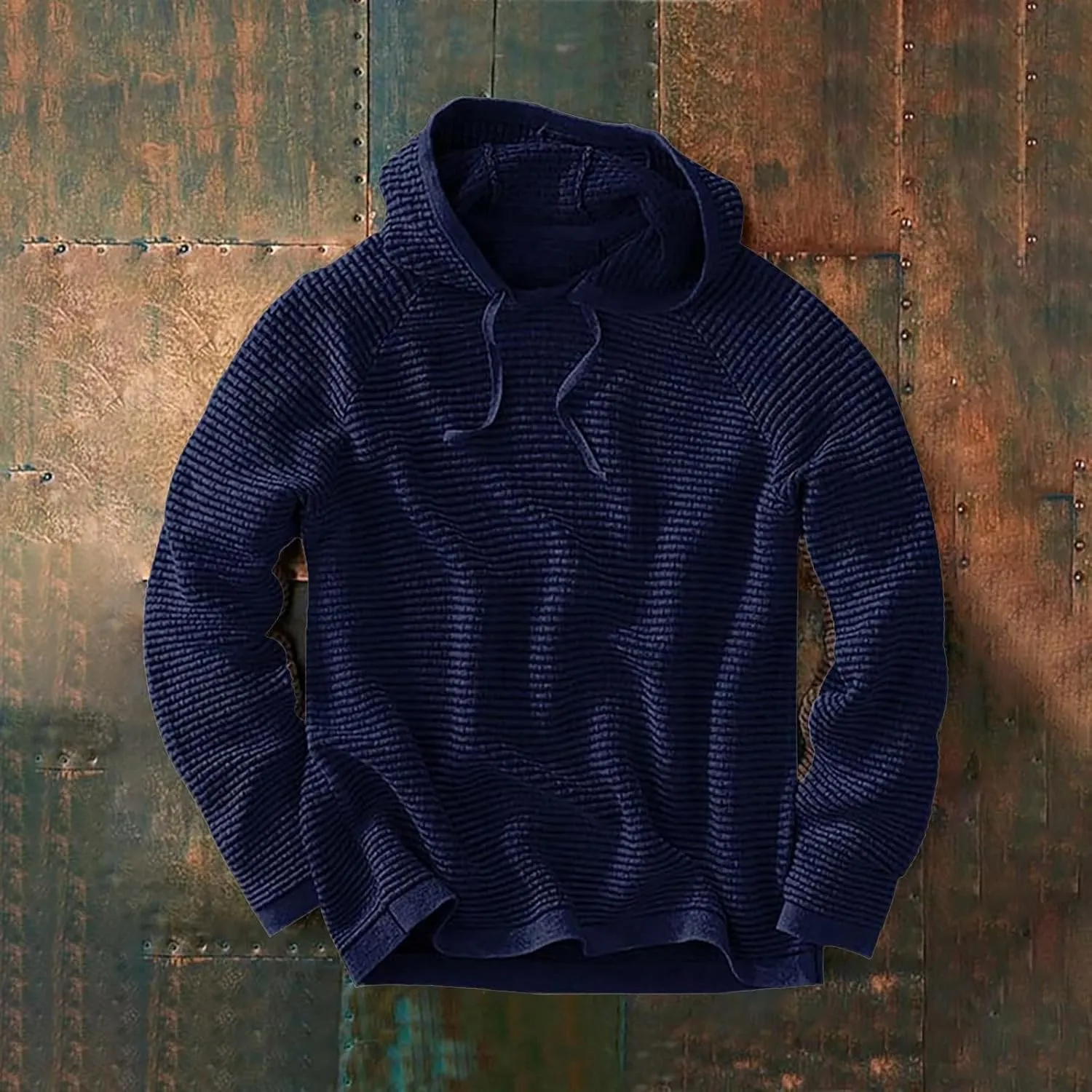 Long Sleeve Waffle Knit Pullover Hoodies for Men Lightweight Workout Drawstring Hooded Sweatshirts with Pocket
