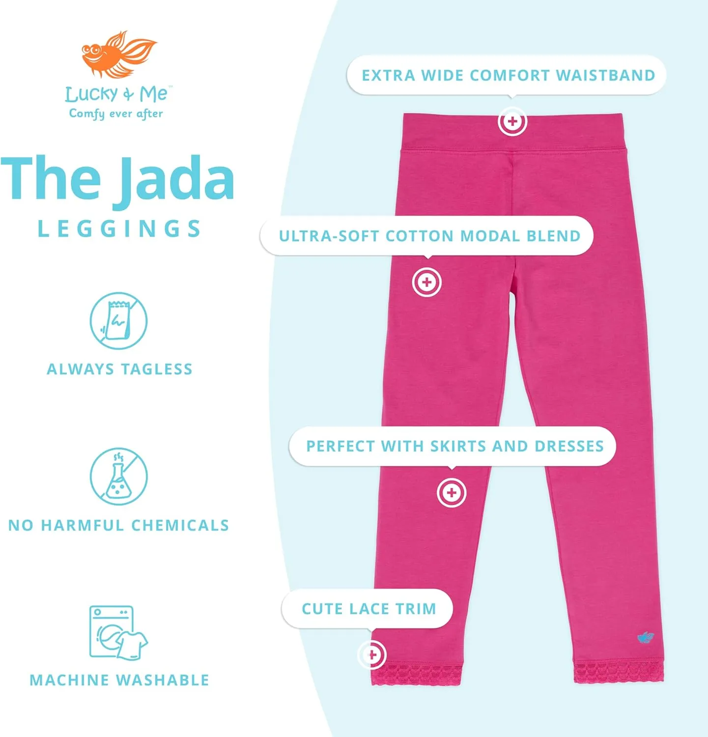 Lucky & Me | Jada Girls Leggings | Tagless | Full Length, Lace Trim, Wide Waistband | 3-Pack