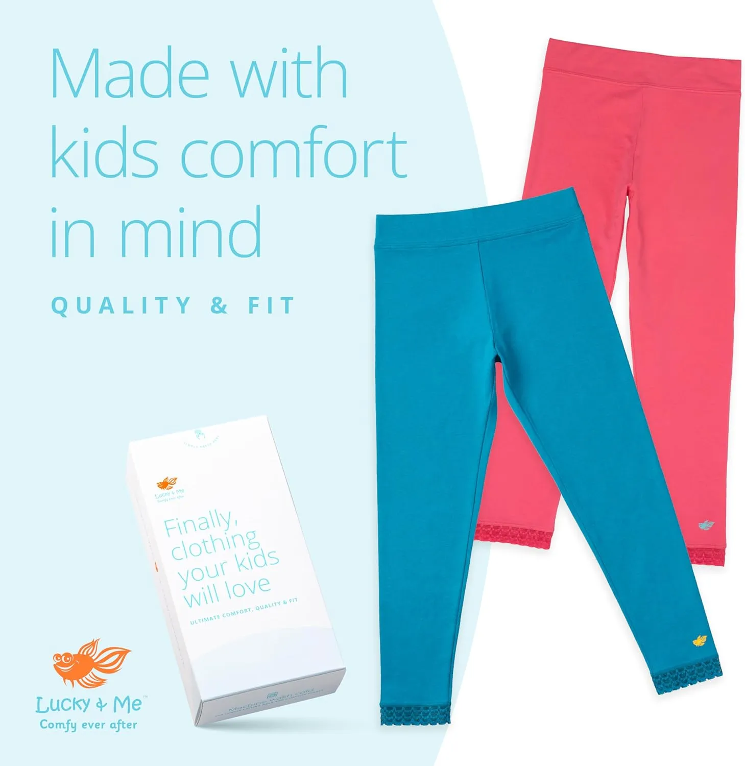 Lucky & Me | Jada Girls Leggings | Tagless | Full Length, Lace Trim, Wide Waistband | 3-Pack