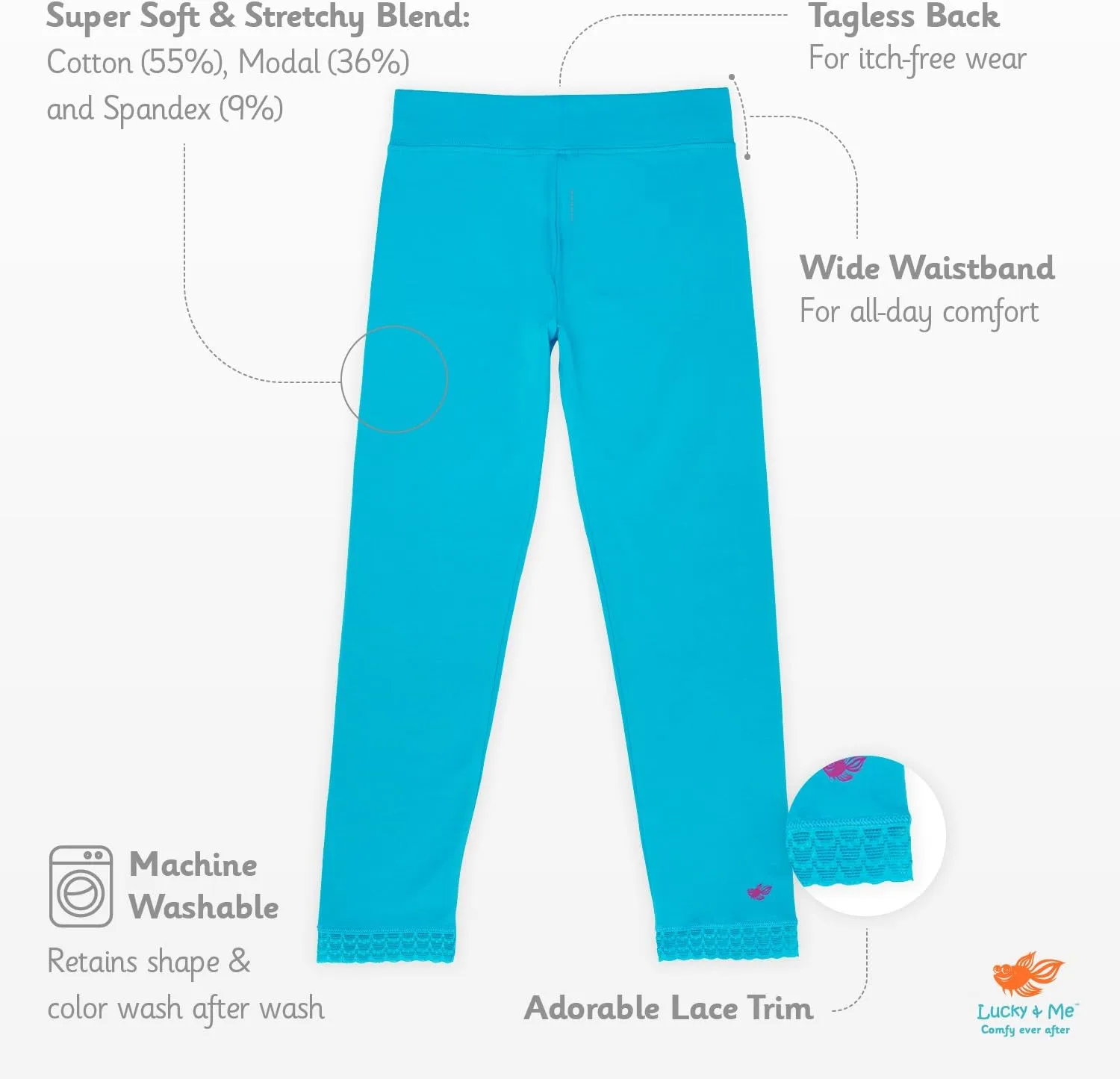 Lucky & Me | Jada Girls Leggings | Tagless | Full Length, Lace Trim, Wide Waistband | 3-Pack