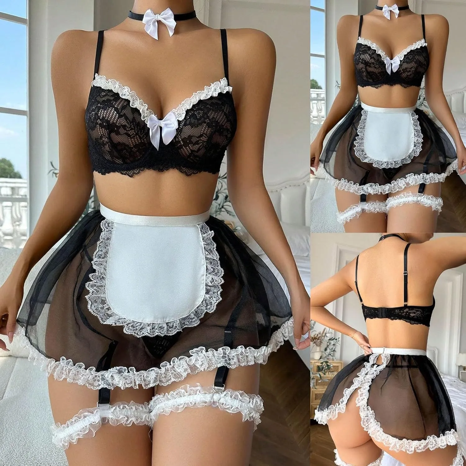 Maid Outfit Lingerie for Women Sexy Slutty 2 Piece Push Up Underwire Bra and Ruffled Mini Skirt with Garter Belt Bowknot