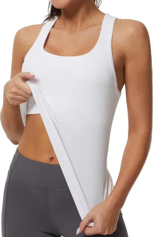 MathCat Workout Tank Tops for Women Athletic Basic Tanks Seamless Running Muscle Racerback Ribbed Yoga Tops with Built in Bra