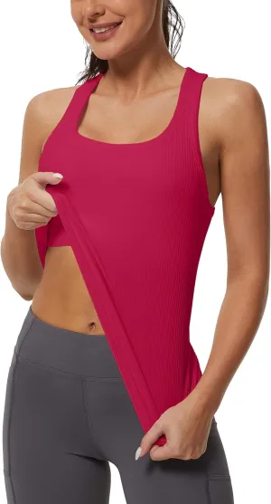 MathCat Workout Tank Tops for Women Athletic Basic Tanks Seamless Running Muscle Racerback Ribbed Yoga Tops with Built in Bra