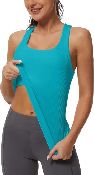 MathCat Workout Tank Tops for Women Athletic Basic Tanks Seamless Running Muscle Racerback Ribbed Yoga Tops with Built in Bra