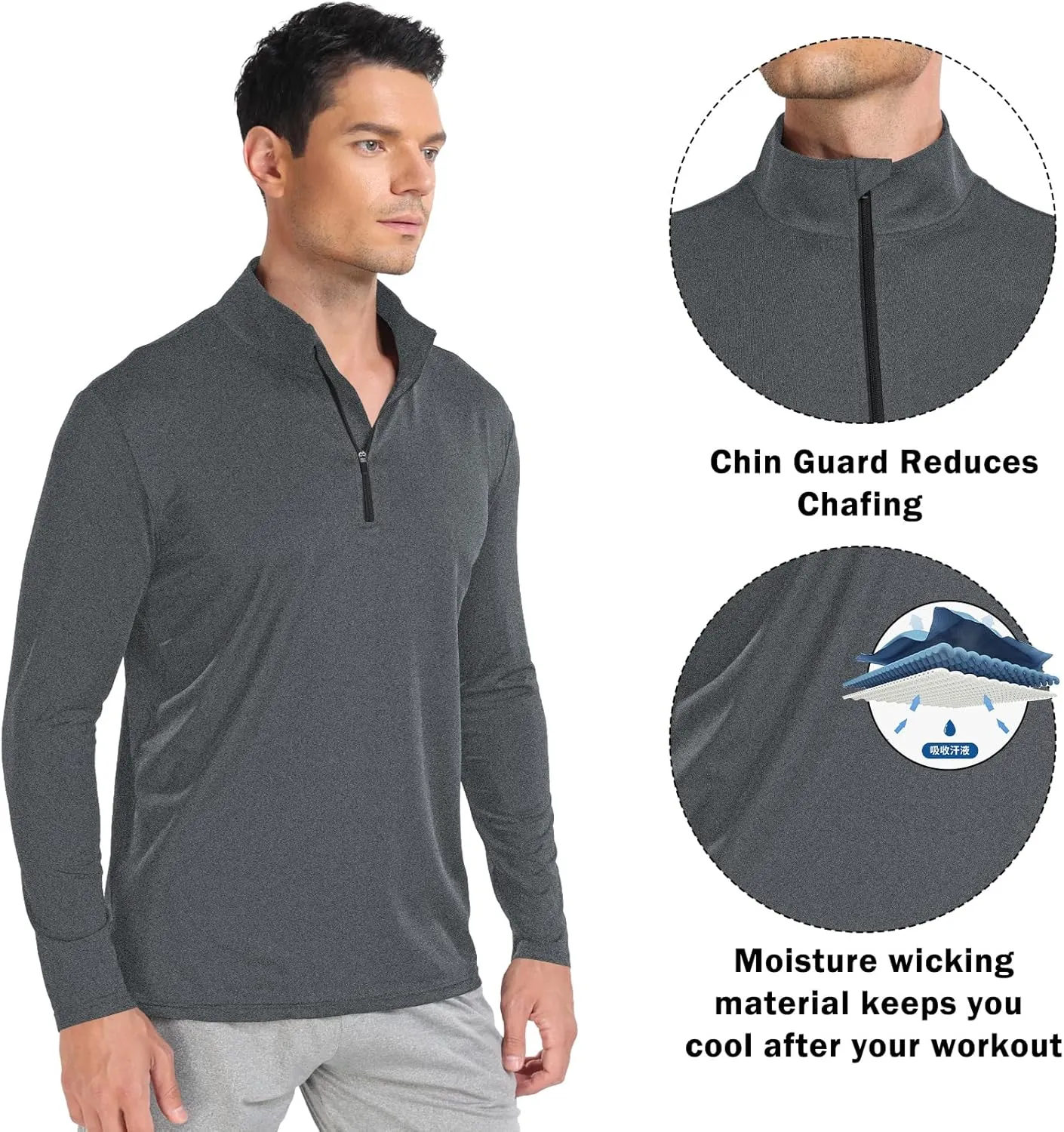 Men 1/4 Zip Shirts Sun UV Protection Long Sleeve Fishing Golf UPF 50 Lightweight Clothing Hiking Workout Tops