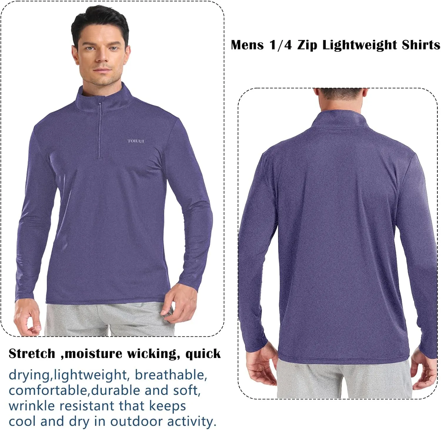 Men 1/4 Zip Shirts Sun UV Protection Long Sleeve Fishing Golf UPF 50 Lightweight Clothing Hiking Workout Tops