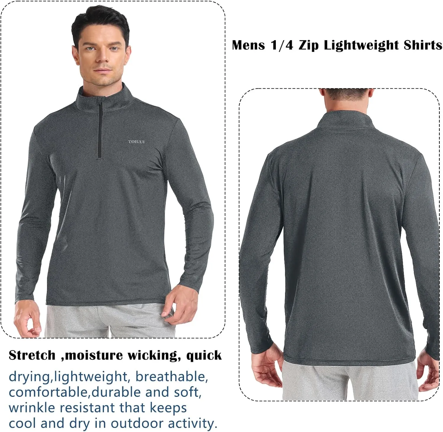 Men 1/4 Zip Shirts Sun UV Protection Long Sleeve Fishing Golf UPF 50 Lightweight Clothing Hiking Workout Tops