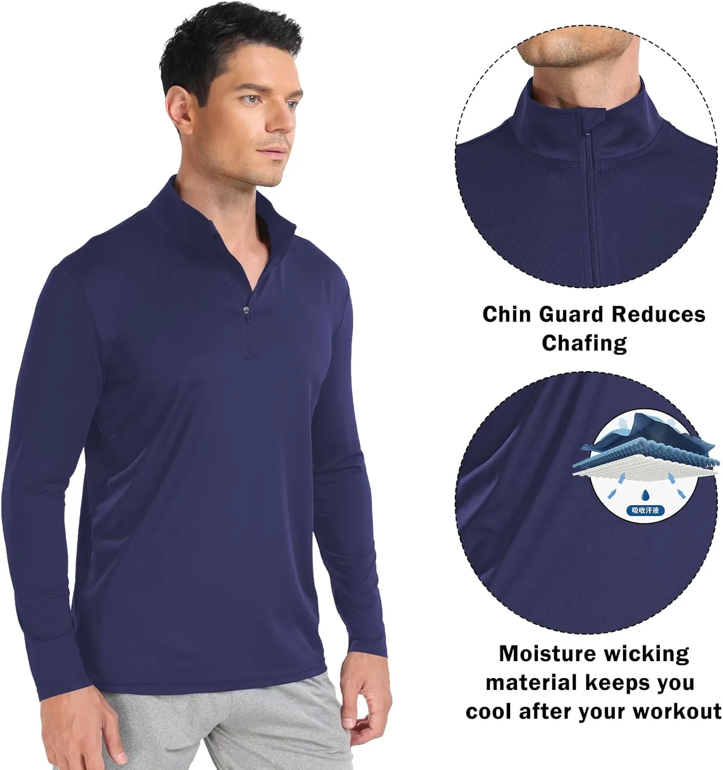Men 1/4 Zip Shirts Sun UV Protection Long Sleeve Fishing Golf UPF 50 Lightweight Clothing Hiking Workout Tops