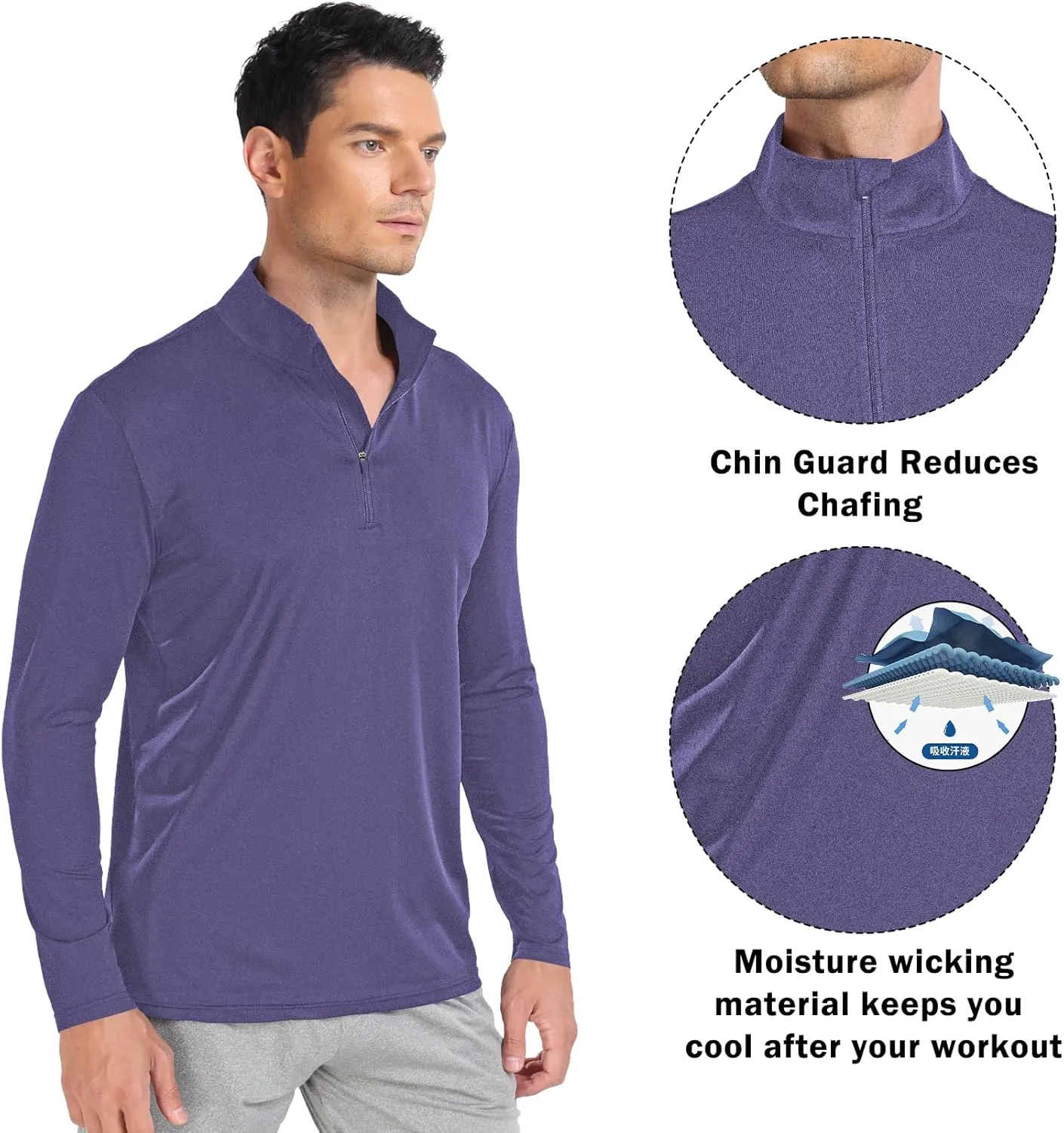 Men 1/4 Zip Shirts Sun UV Protection Long Sleeve Fishing Golf UPF 50 Lightweight Clothing Hiking Workout Tops