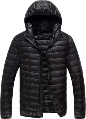 Men Puffer Jacket Hooded Light Packable Long Sleeve Zip Down Jacket Winter Warm Padded Bubble Outwear Coat