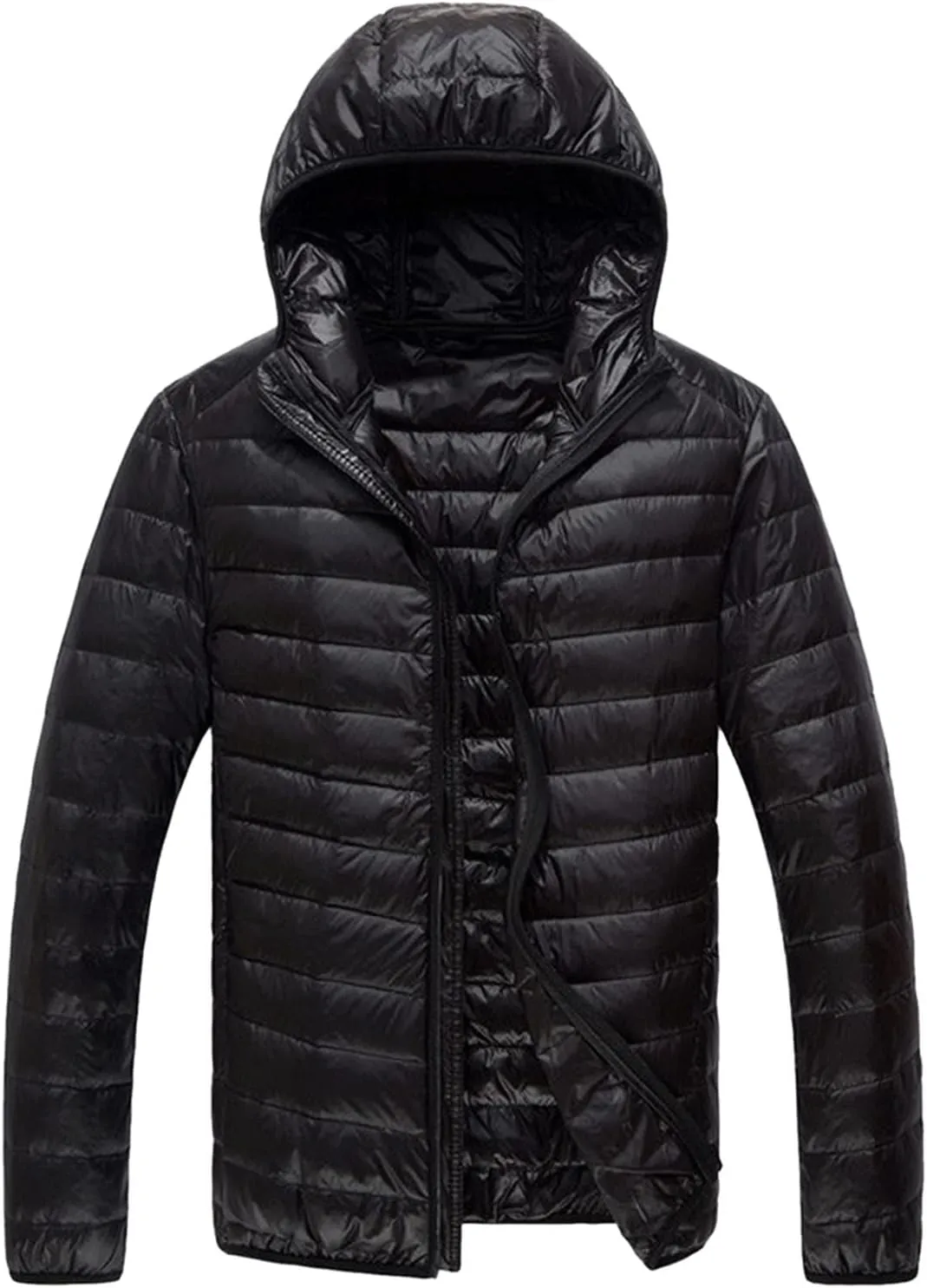 Men Puffer Jacket Hooded Light Packable Long Sleeve Zip Down Jacket Winter Warm Padded Bubble Outwear Coat