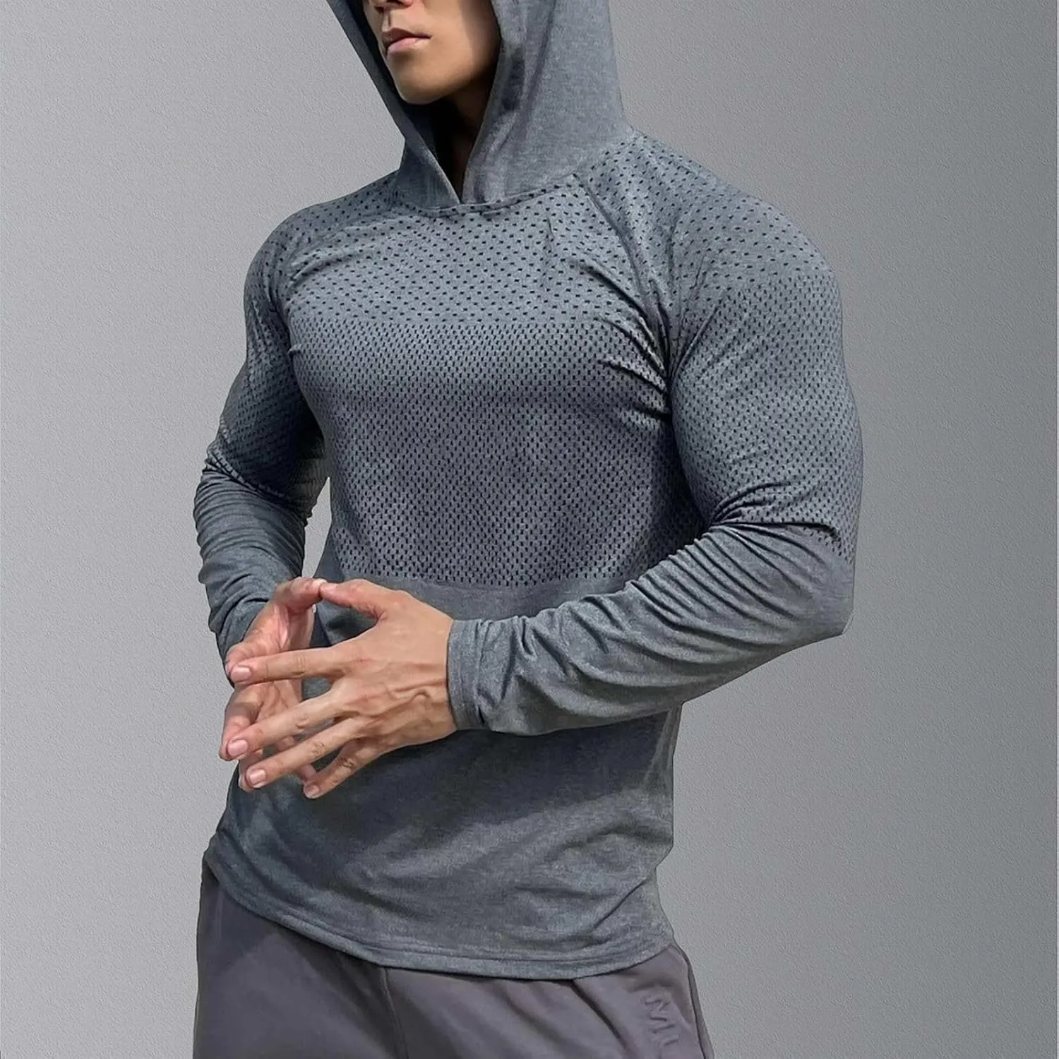 Men Quick Dry Fitness Hoodies Breathable Running Athletic Shirts Long Sleeve Outdoor Hiking Fishing Sun Protection T-Shirt