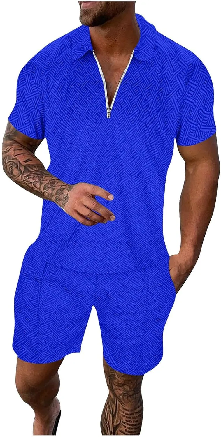 Men Track Suits 2 Piece Set Summer Casual Outfits Fashion Polo Shirts Short Sleeve and Shorts Set Clothes